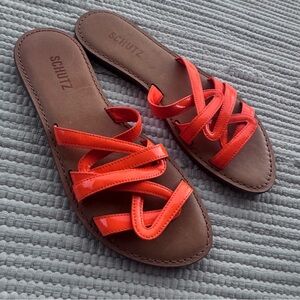 Schutz Leather Loop Strap Slide Sandals Orange Coral Size 8